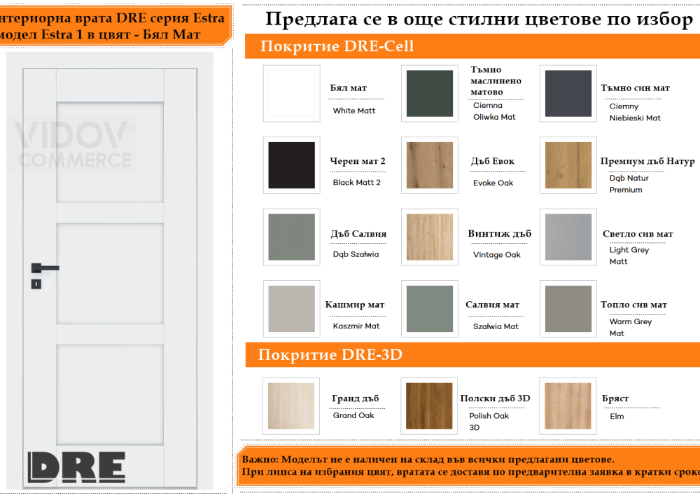 Интериорна врата DRE модел Estra 1 Бял Мат