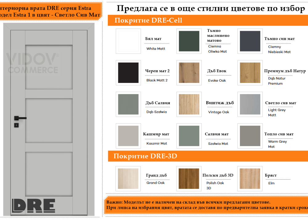 Интериорна врата DRE модел Estra 1 Светло Сив Мат