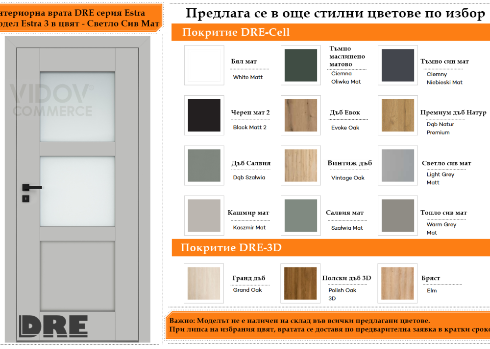 Интериорна врата DRE модел Estra 3 Светло Сив Мат