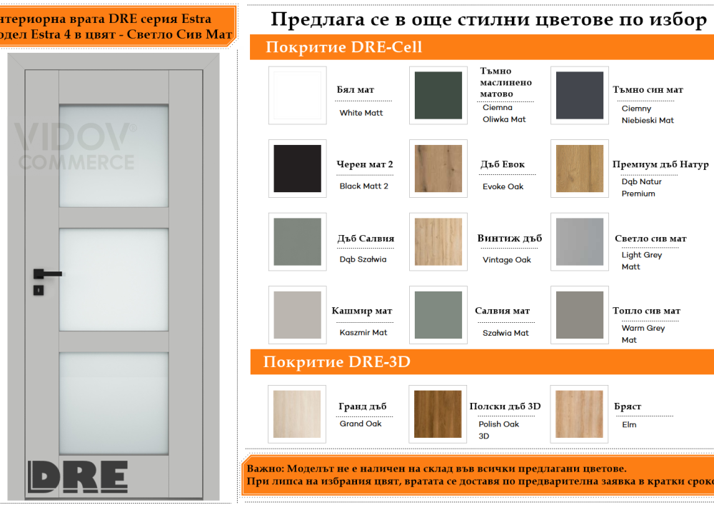 Интериорна врата DRE модел Estra 4 Светло Сив Мат