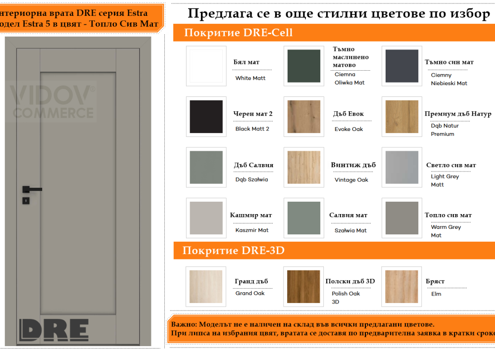 Интериорна врата DRE модел Estra 5 Топло Сив Мат