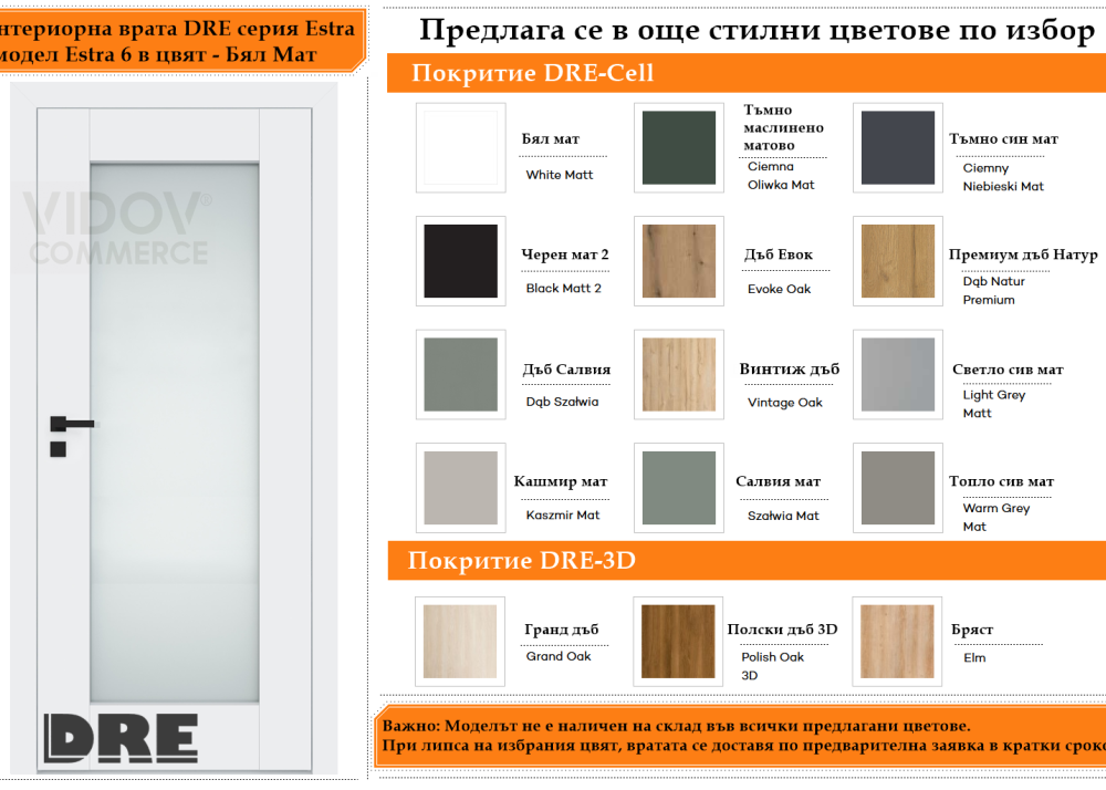 Интериорна врата DRE модел Estra 6 Бял Мат