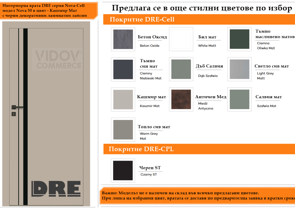 Интериорна врата DRE модел Nova 50 Кашмир Мат с черни ламинатни лайсни