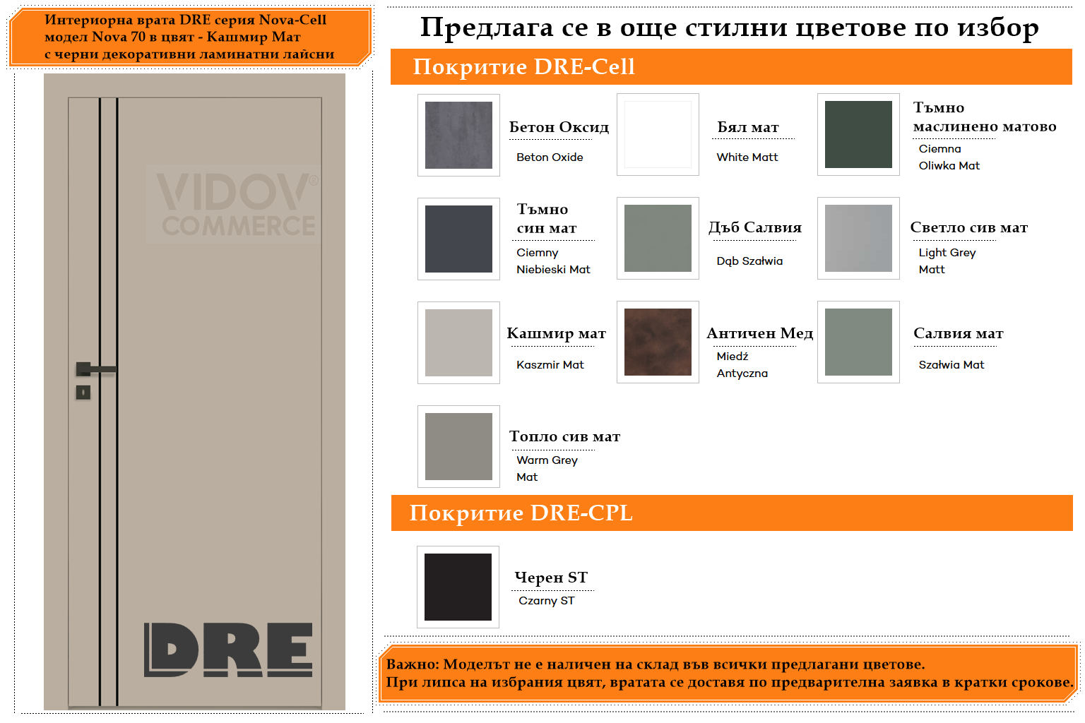 Интериорна врата DRE модел Nova 70 Кашмир Мат с черни ламинатни лайсни