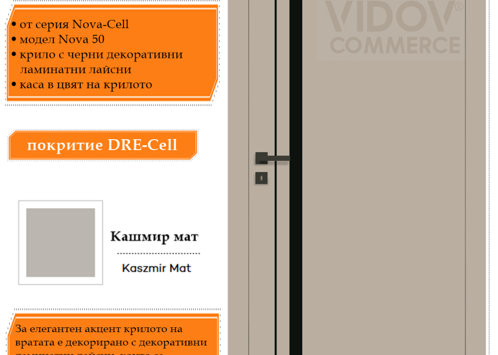 Интериорна врата Nova 50 в цвят Кашмир Мат с черни ламинатни лайсни