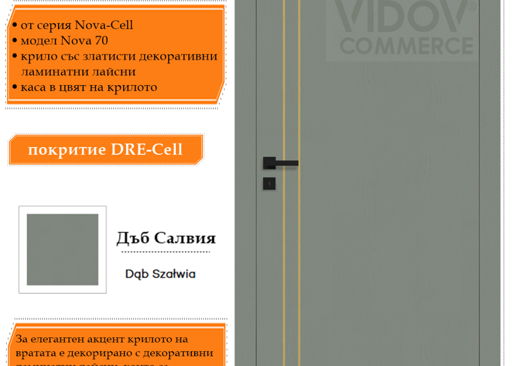 Интериорна врата Nova 70 в цвят Дъб Салвия със златисти ламинатни лайсни