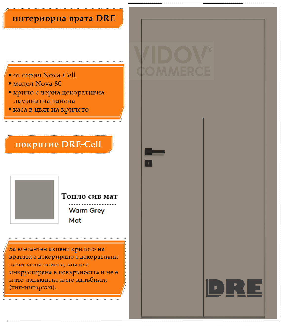 Интериорна врата Nova 80 в цвят Топло Сив Мат с черна ламинатна лайсна